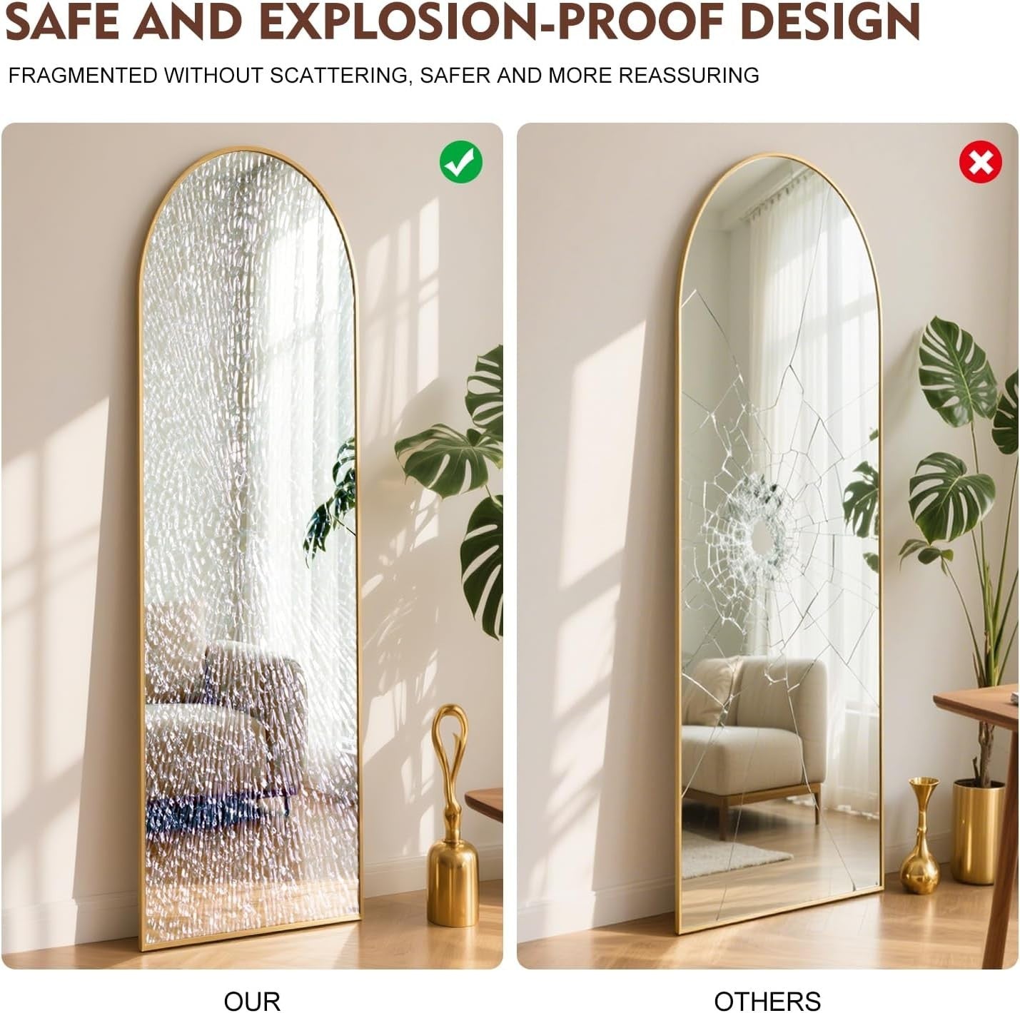 Full Length Arch Mirror 152x42cm Golden Frame Tempered Glass Free Standing
