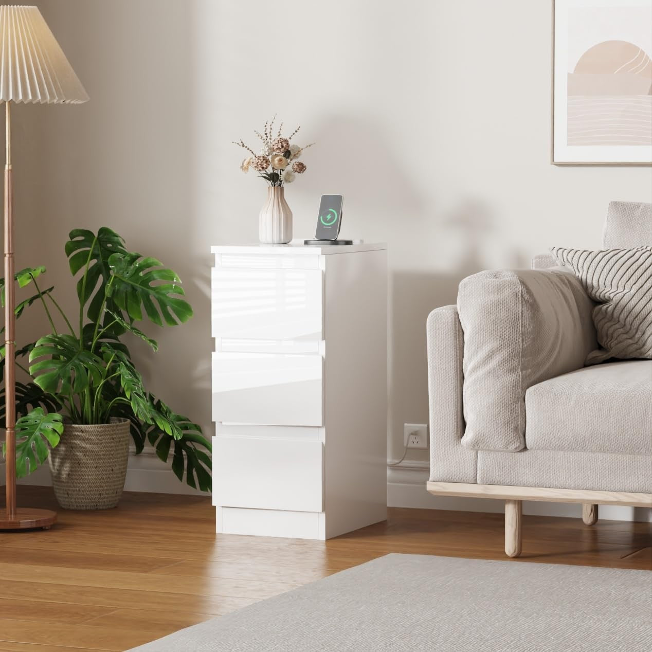 25cm Slim Bedside Table with Charging Station & 3 Drawers for Small Spaces
