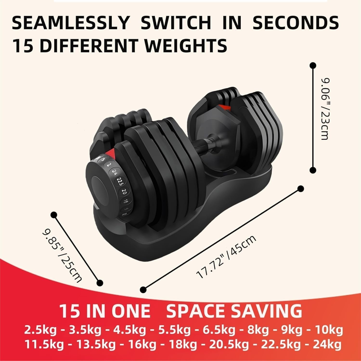 Adjustable Dumbbell Pair 24kg 15-in-1 Fast Dial Home Gym + Grips