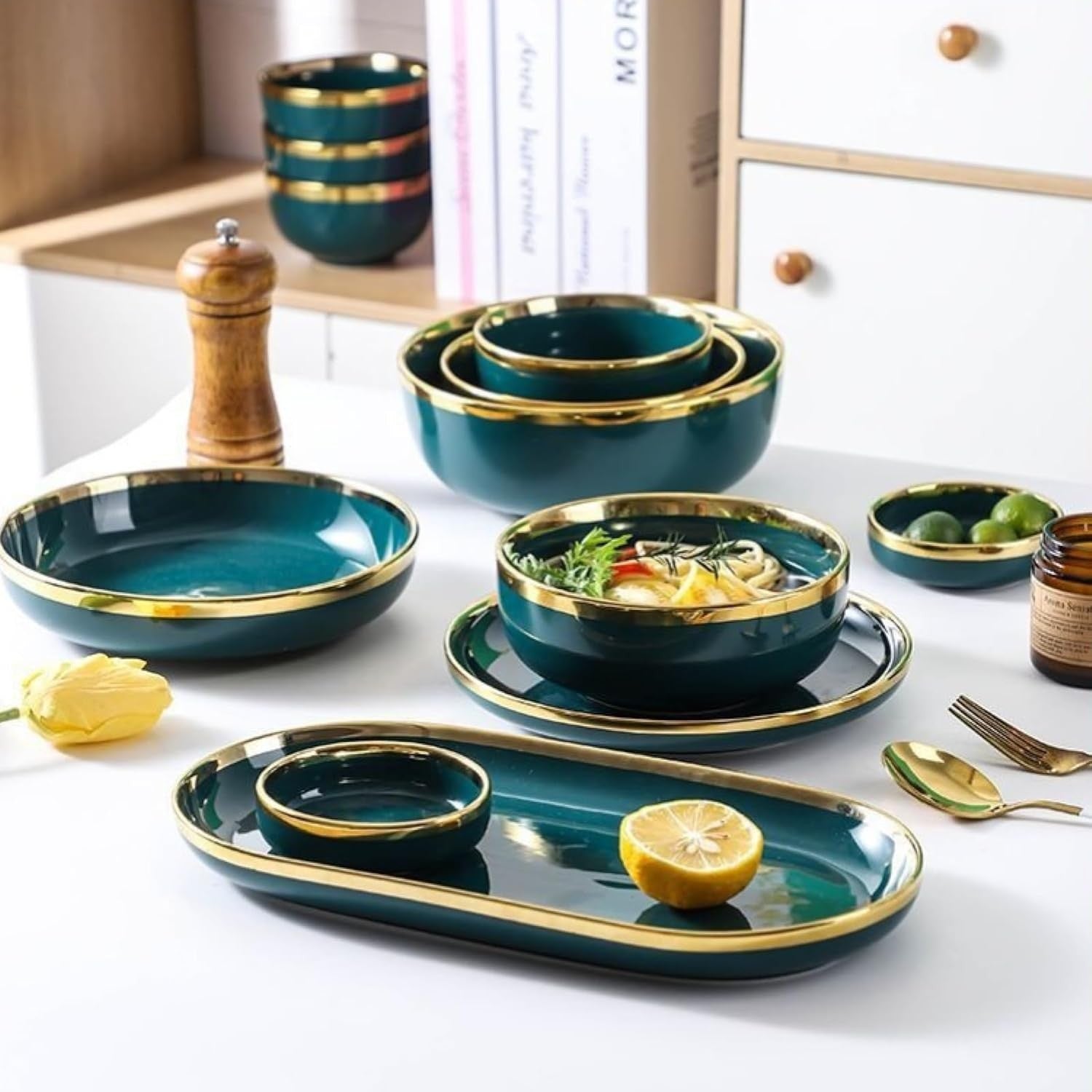 24 Piece Bone China Dinner Set Gold Rim Green Plates Bowls Microwave Safe