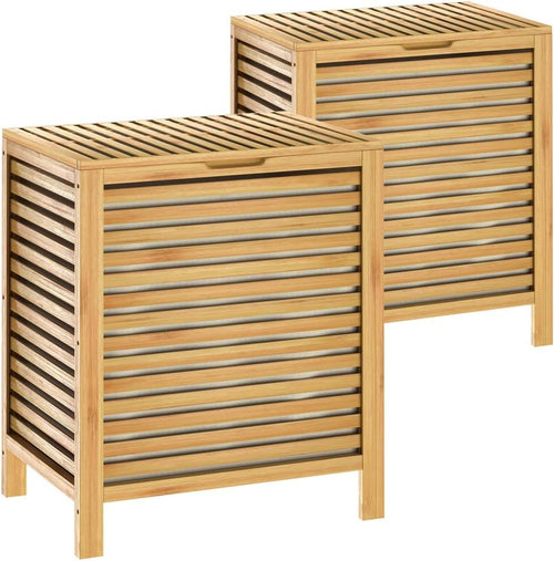 Set of 2 Bamboo Laundry Baskets 124L With Liner Ventilated Moisture-Resistant