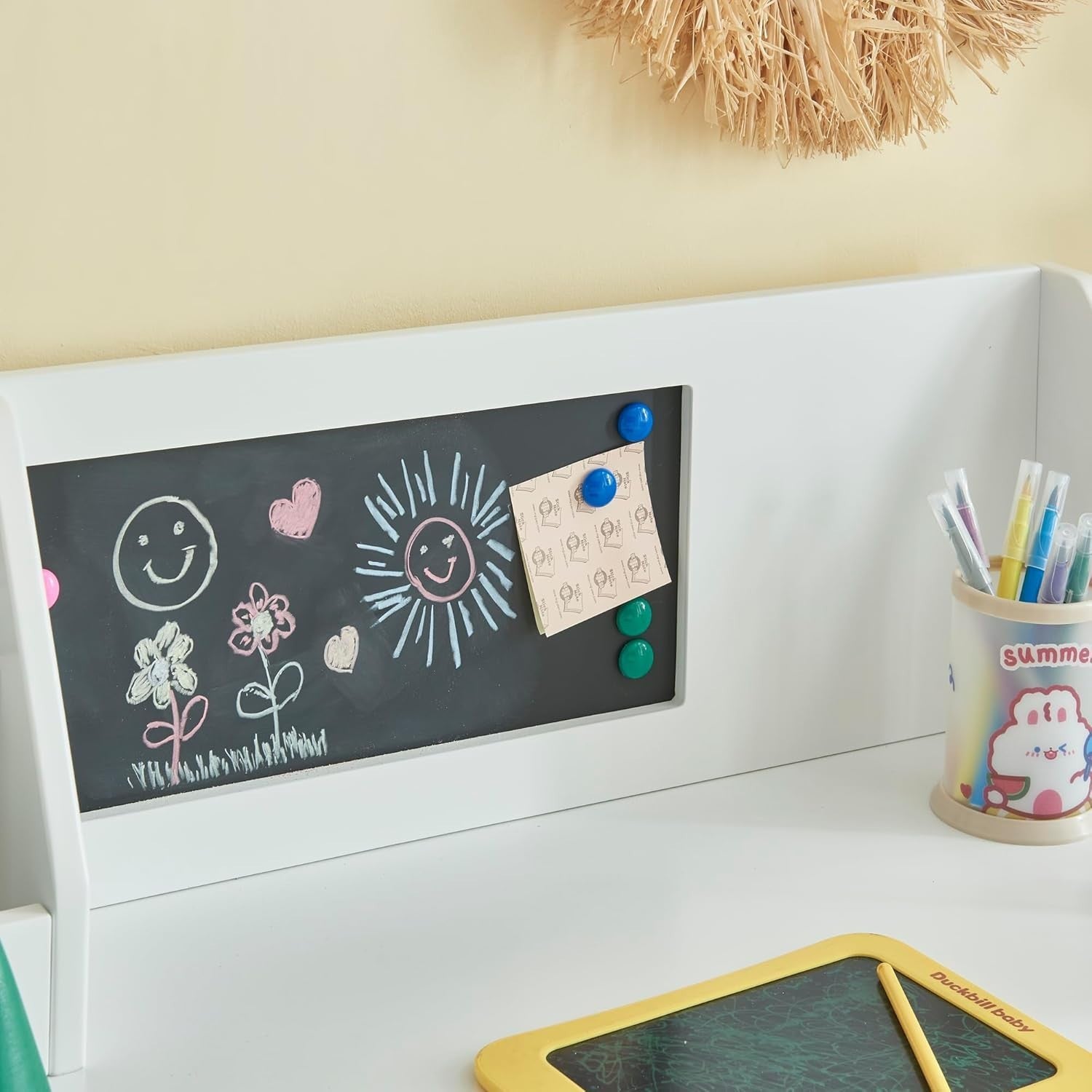 Kids Study Desk & Chair Set with Cork Board – Storage Shelves, White Wood