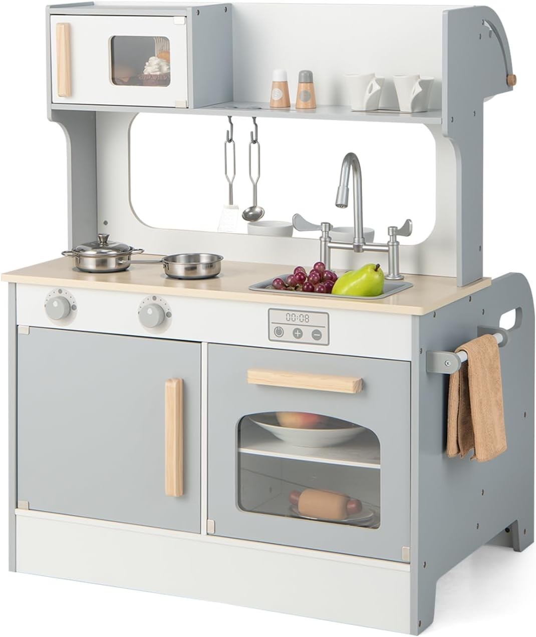 2 Sided Kids Wooden Play Kitchen Diner Set Grey Pretend Toy