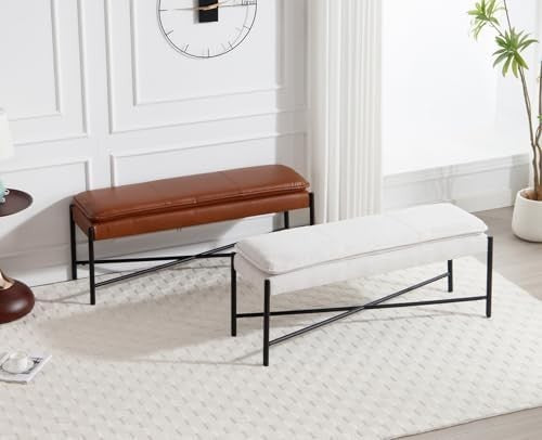 Beige Linen Upholstered Ottoman Bench Metal Frame Seat 115x37x48cm