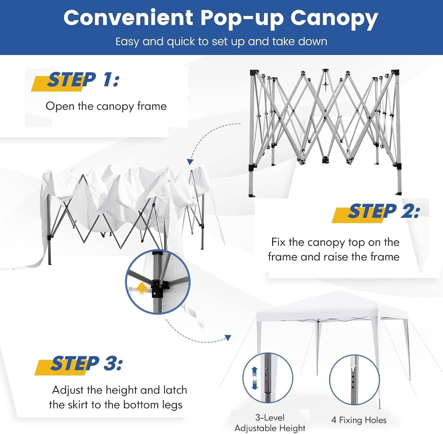 3x3m Pop Up Gazebo Adjustable Waterproof Outdoor Canopy w/ Roller Bag White
