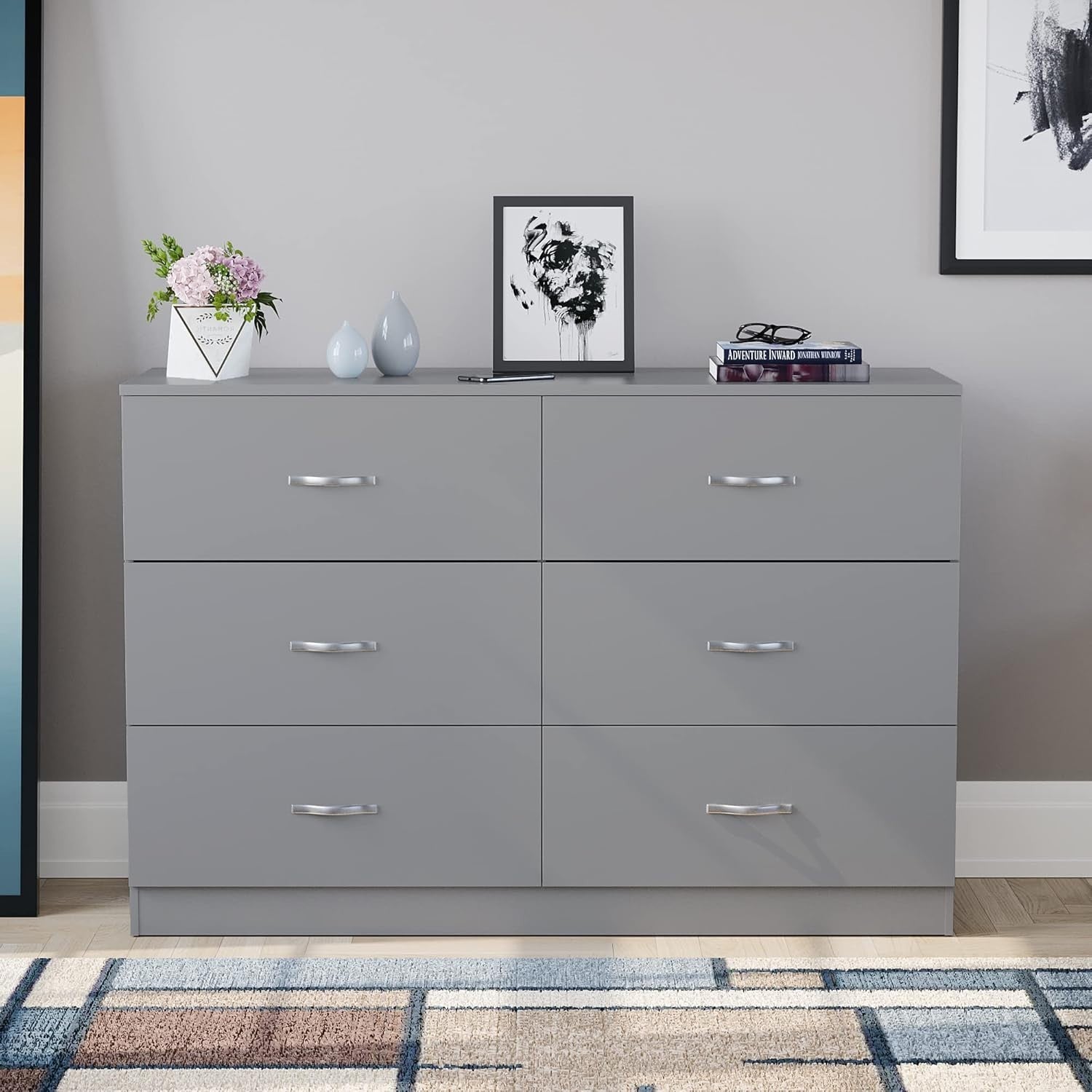 Grey 6 Drawer Chest Wide Bedroom Storage Unit Cabinet Modern Style
