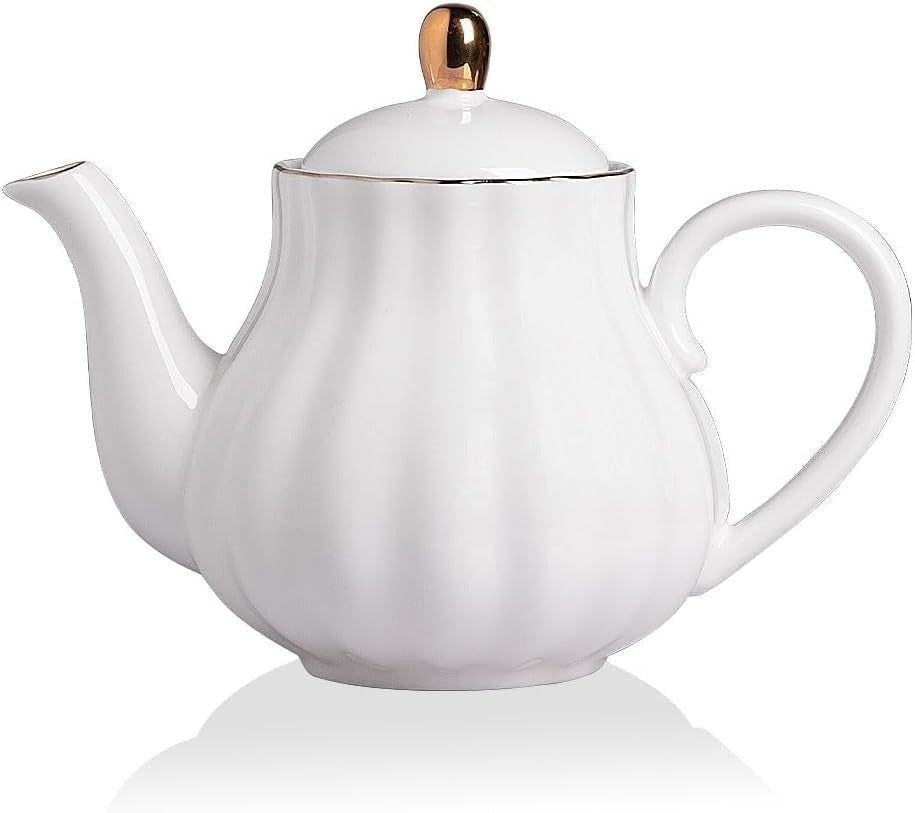 Ceramic Teapot 1100ml White Tea Pot w/ Stainless Infuser 5-6 Cups