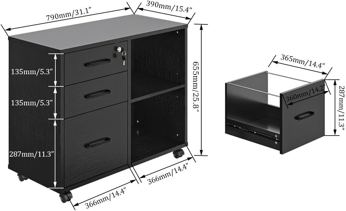 Black Lateral Mobile Filing Cabinet 3 Drawer Printer Stand Storage