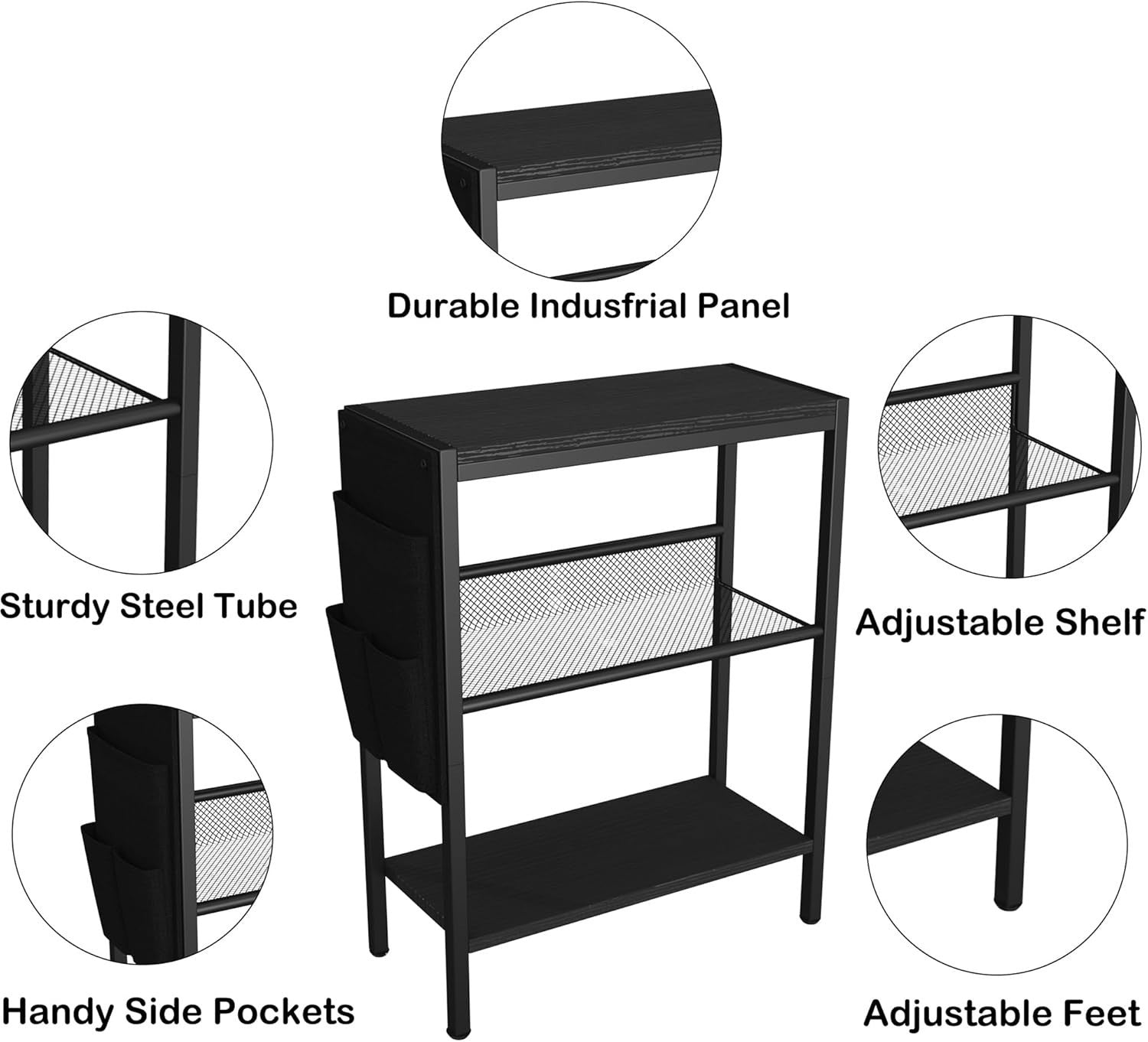 Slim 3-Tier Side Table with Storage Bag – Narrow Black Bedside Sofa Table