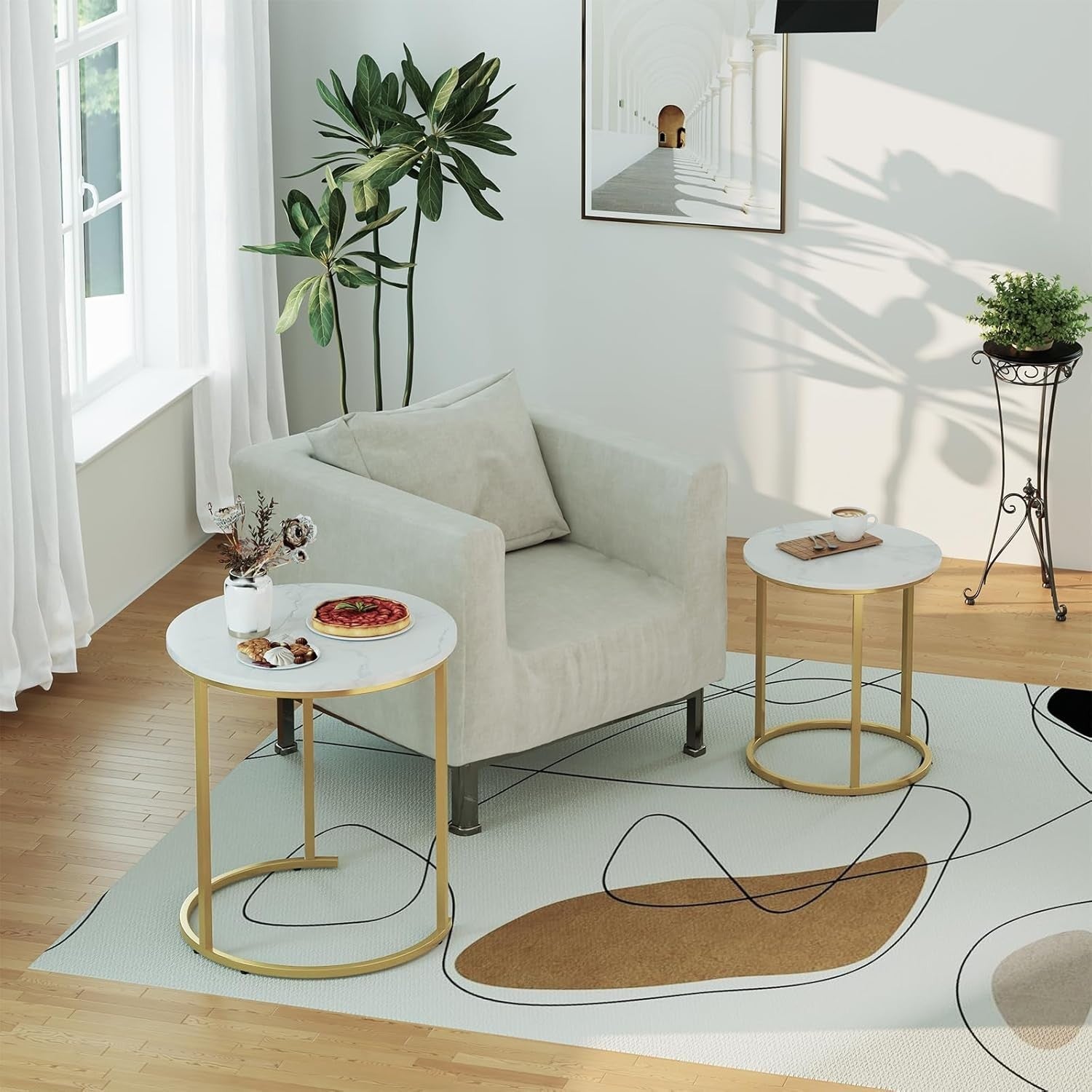 Gold Nesting Coffee Table Set Wood Sled Base Modern Round End Side Storage