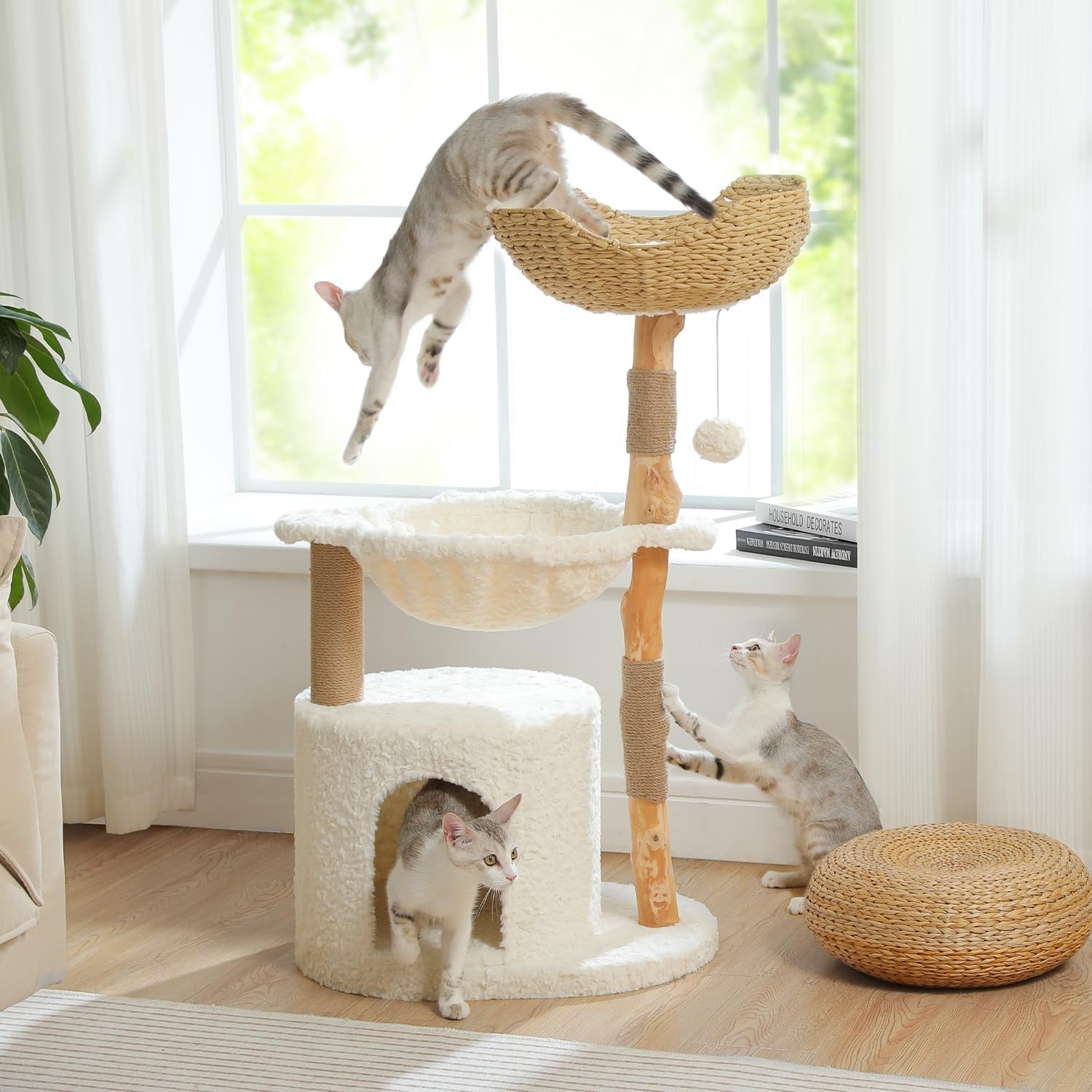 Luxury Wooden Cat Tree 40in Modern Tower with Wicker Basket Hammock Condo