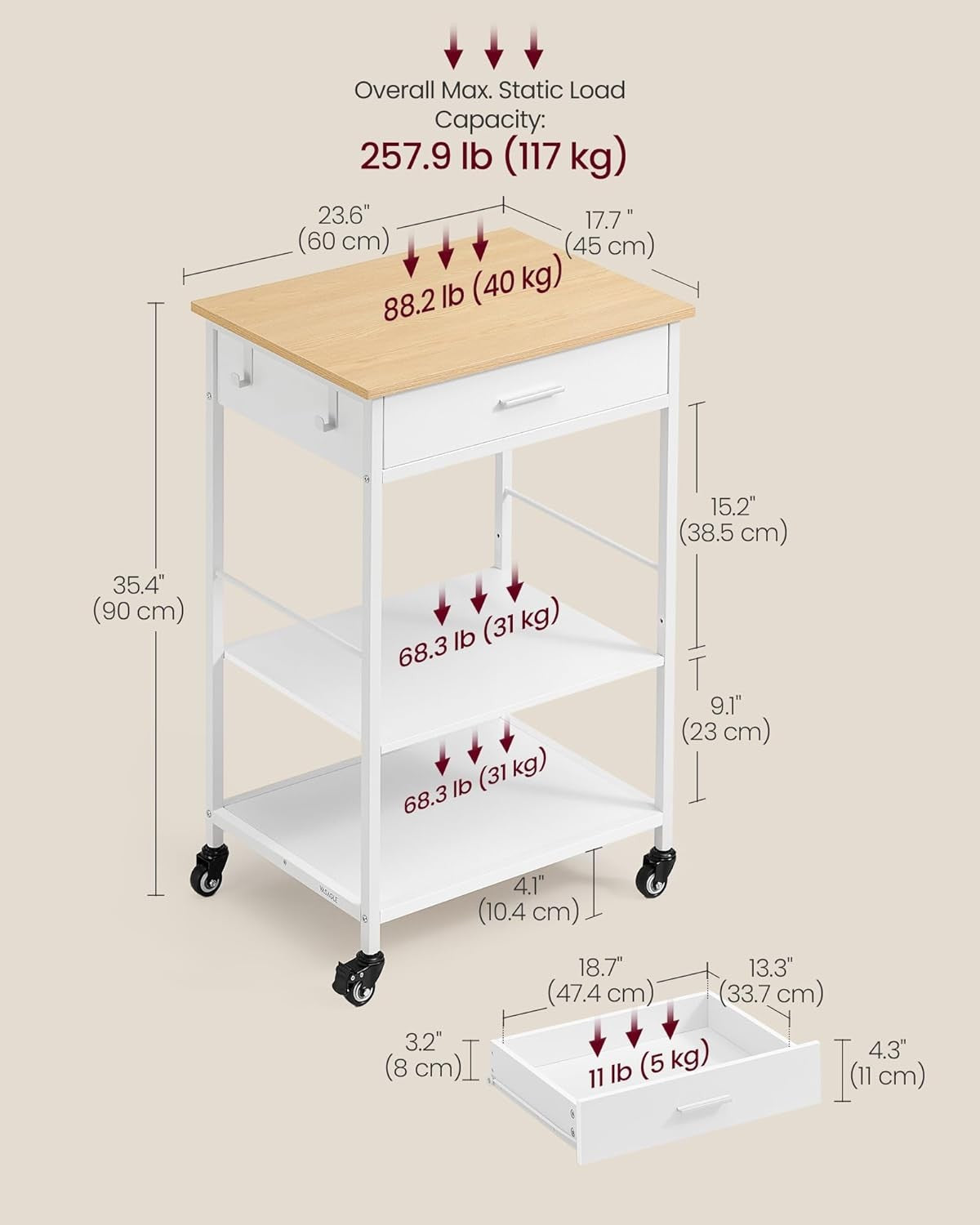 Kitchen Island Trolley on Wheels Storage Cart with Drawer Shelf Hooks