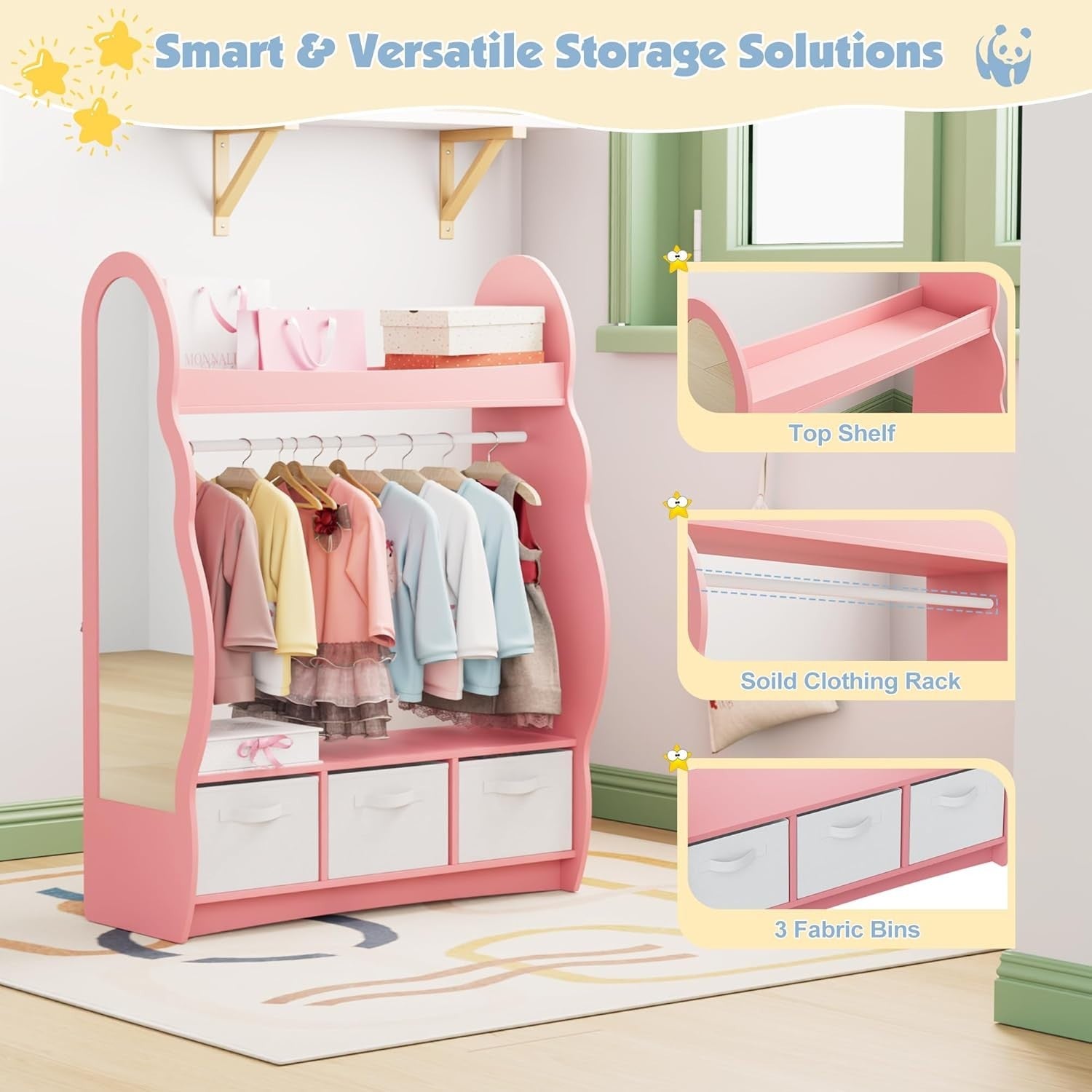 Kids Wardrobe with Mirror, 3 Drawers & Hanging Rail, Pink Cloud Design