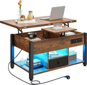 4-in-1 Lift Top Coffee Table with Storage, Charging Ports & RGB LED Lights