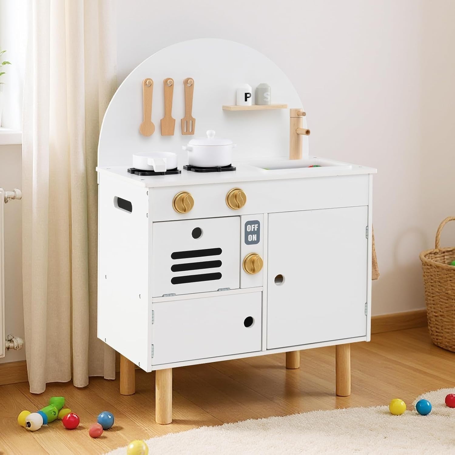 Kids Wooden Play Kitchen White Pretend Cooking Toy Set Accessories