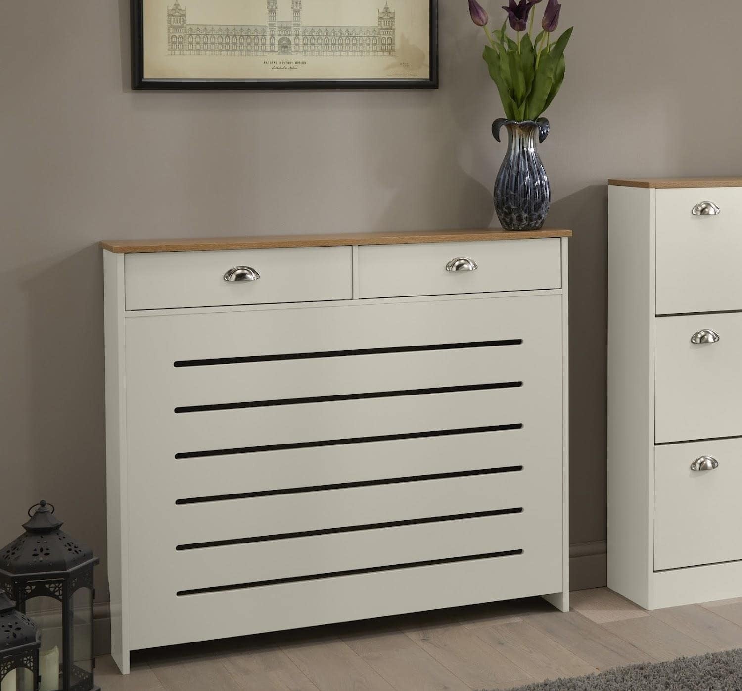 Cream Radiator Cover 111.5x19x96cm MDF Heating Cabinet | 2 Drawer