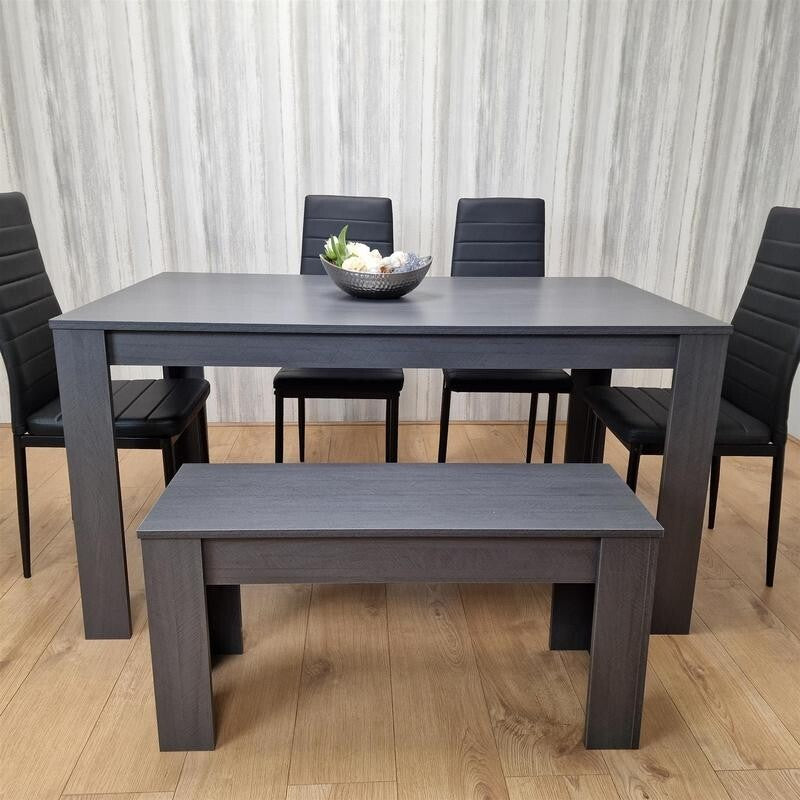 6 Seater Dark Grey Dining Table Set with 4 Chairs & Bench Faux Leather