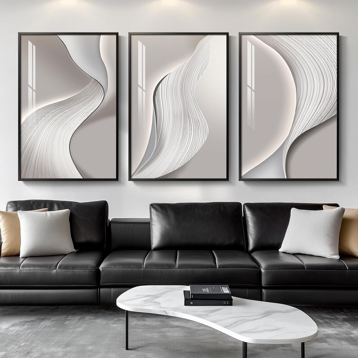 Large Framed Abstract Wall Art 3 Panel Silver Grey 24x36in Modern Decor