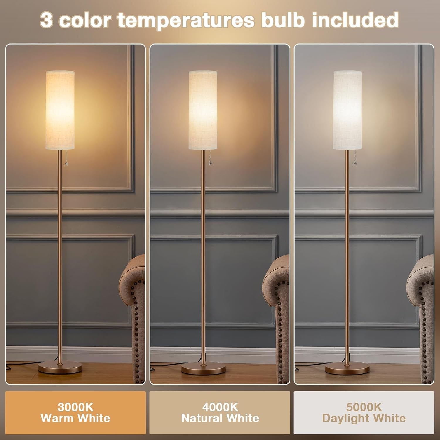 Beige Floor Lamp 64in Standing Lamp Bedroom Living Room E27 Bulb Included