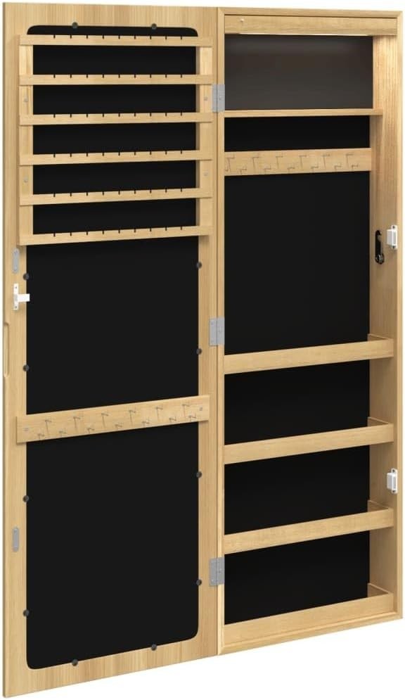 LED Wall Mounted Jewelry Cabinet Frameless Mirror Lockable Storage Brown