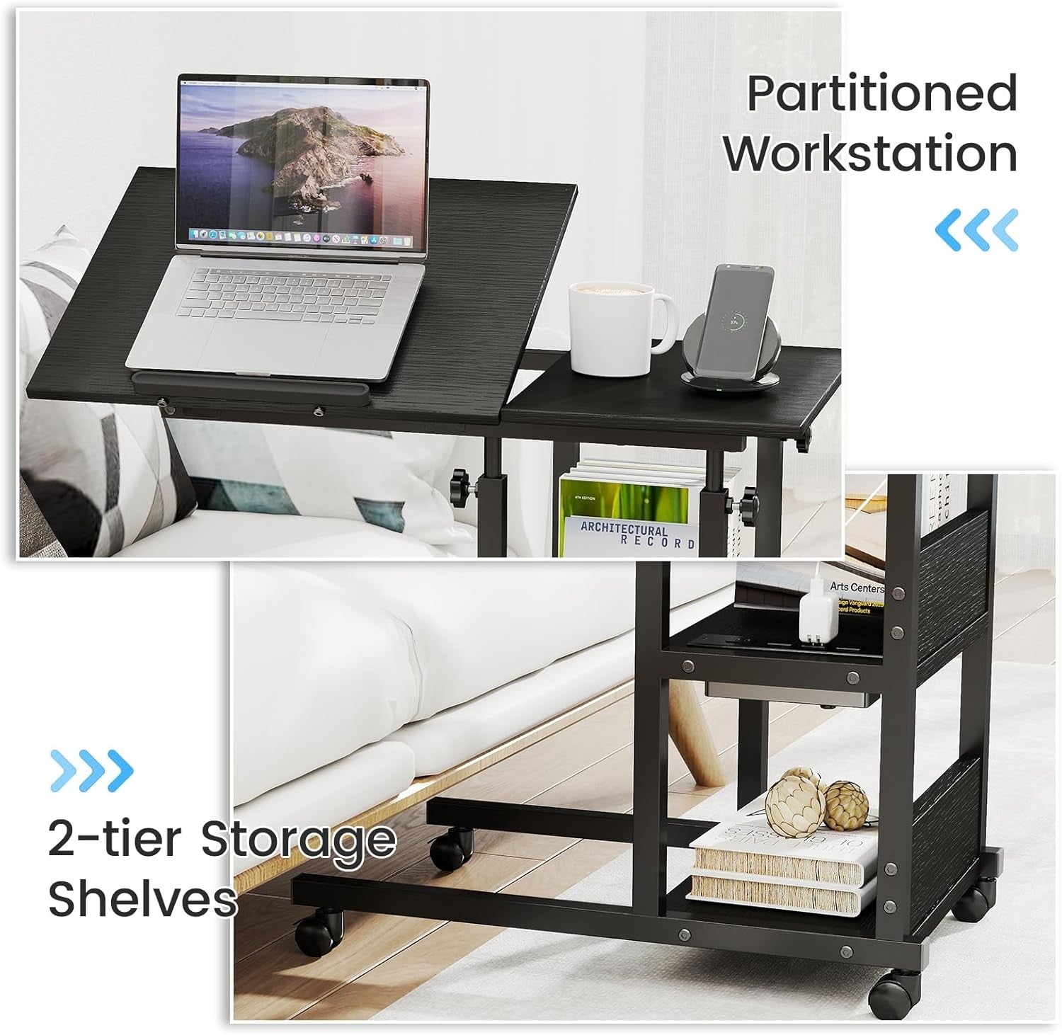 Adjustable Overbed Laptop Desk with Charging Station Wheels Storage Shelf