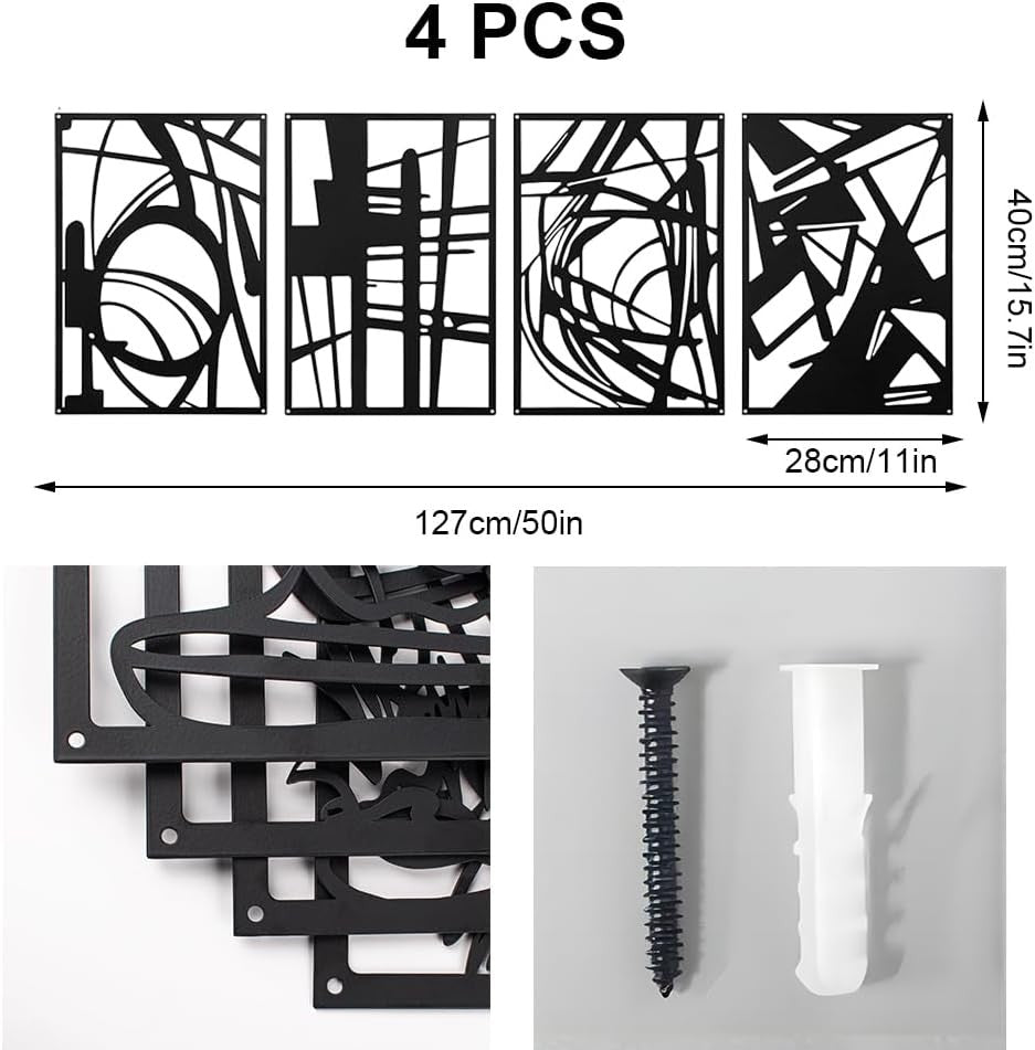 Abstract Black Metal Wall Art 4pc Modern Iron Panels