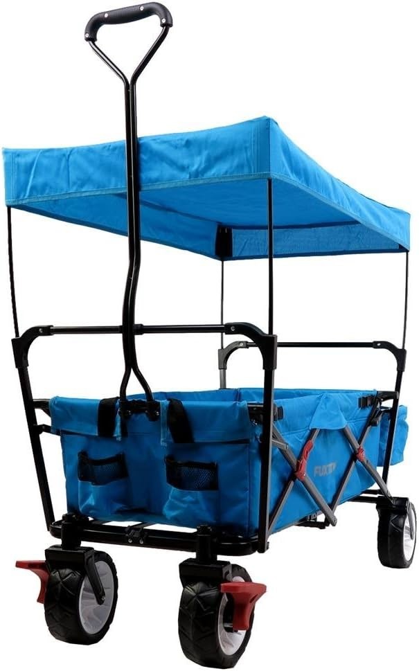 Blue Folding Wagon w/ Canopy Compact Pull Cart Outdoor Garden Trolley w/ Bag
