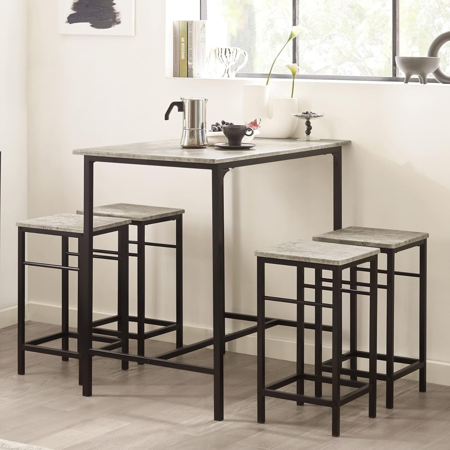 5-Piece Breakfast Bar Table Set with 4 Stools, Space Saving Dining – Black Grey