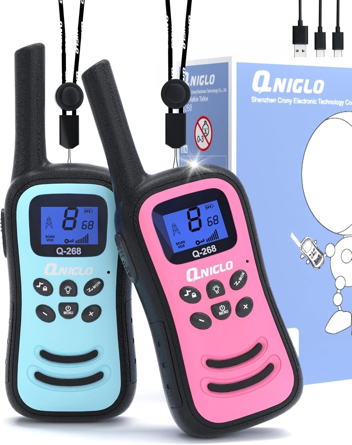 Kids Rechargeable Walkie Talkies 2 Pack Long Range 8CH VOX Flashlight