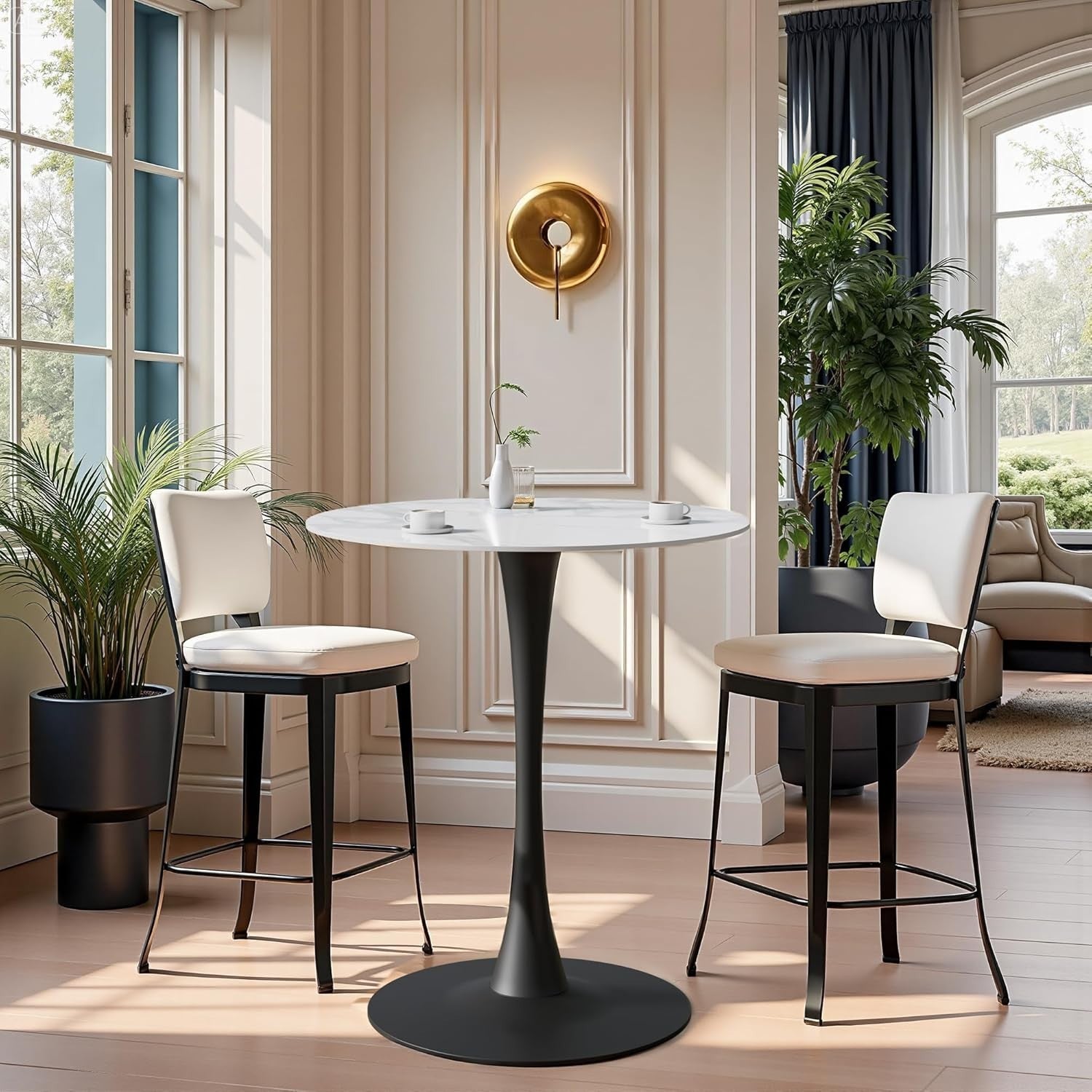 Rich White 76cm Round Tall Bar Table 100cm Sintered Stone Top Black Metal Base