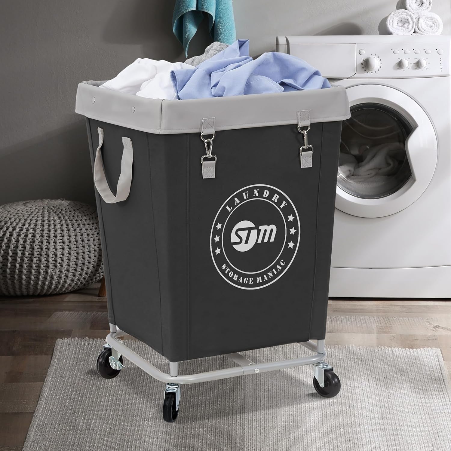 160L Commercial Laundry Hamper on Wheels | Heavy-Duty Steel Cart | Large Black B