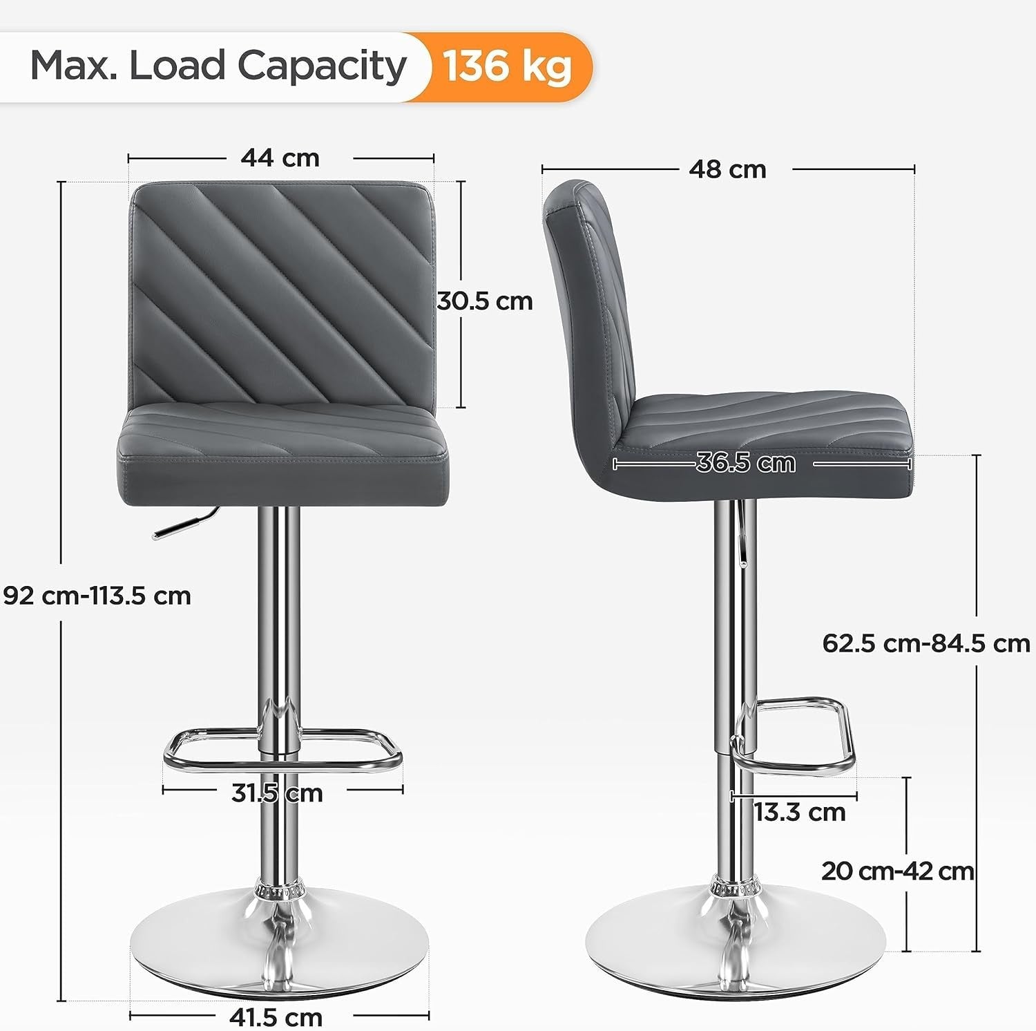 Dark Grey Adjustable Swivel Bar Stools Set of 2 Faux Leather Chairs