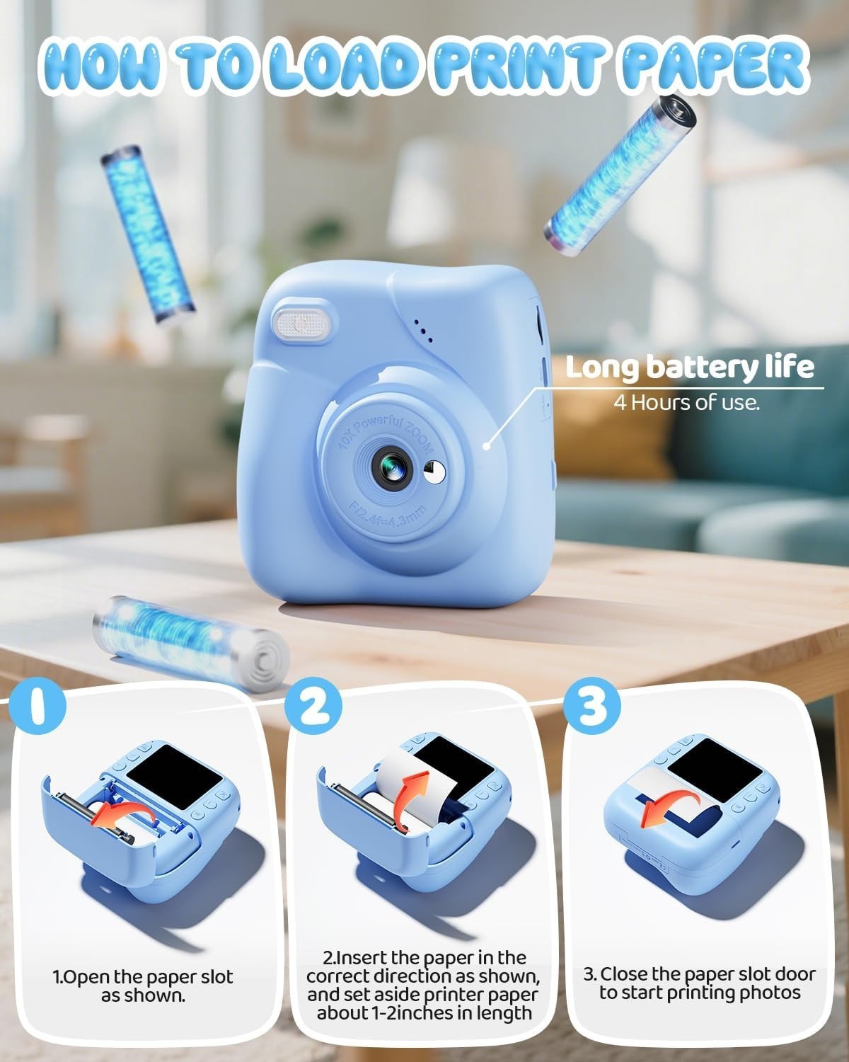 Kids Instant Print Camera 48MP 1080P Video 32GB Card Blue Toy Gift