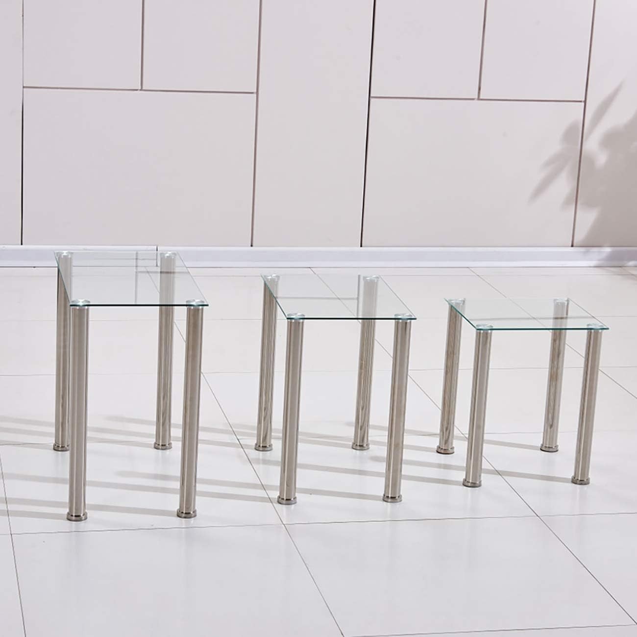 Space Saving Glass Nesting End Tables Set 3 Modern Stackable Side Coffee