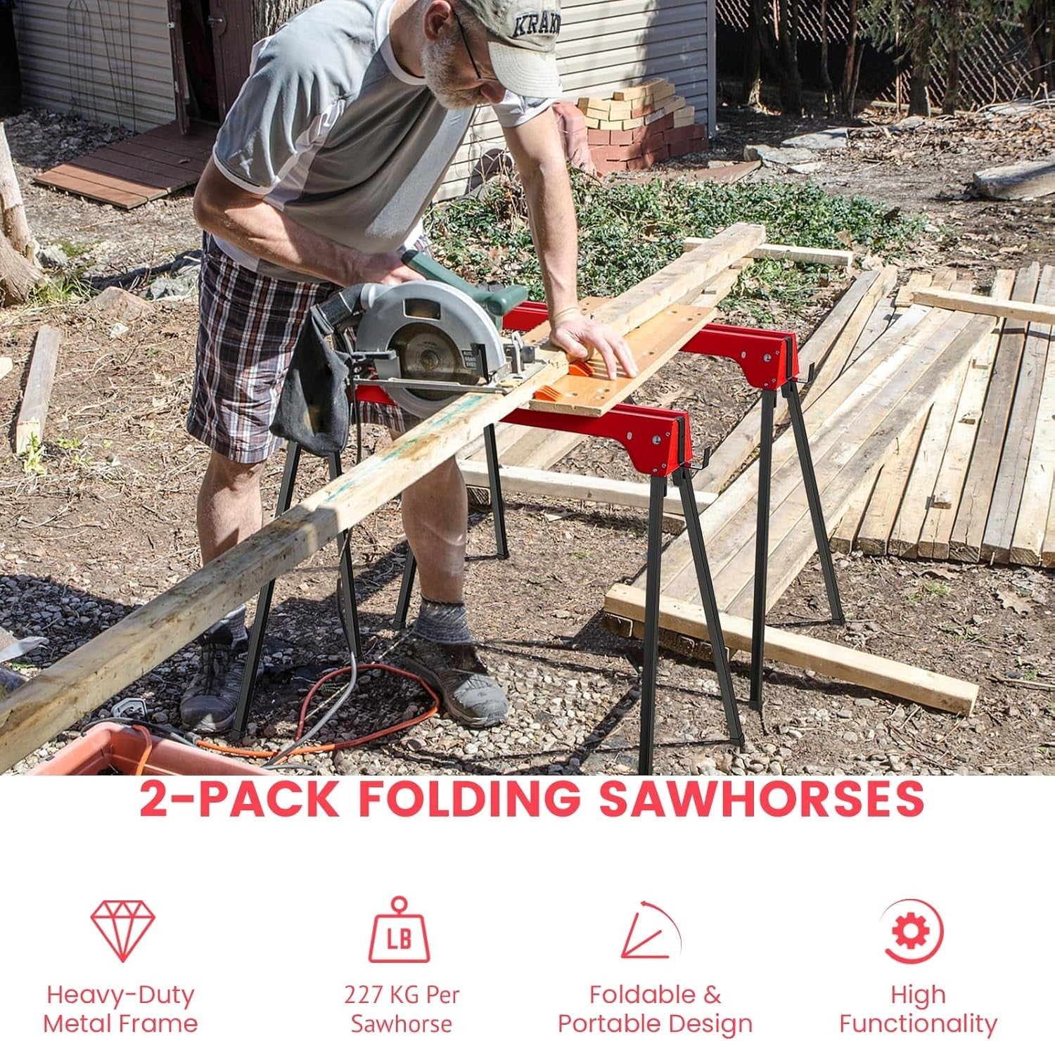 Red Folding Sawhorses 2-Pack Heavy Duty Steel 227kg Support Arms & Grip Top