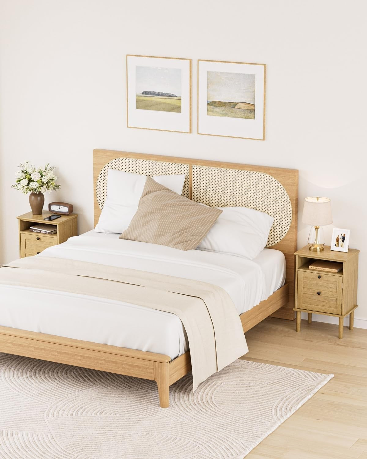 Light Oak Wooden Bedside Table with Door & Open Shelf | Modern Rustic Nightstand