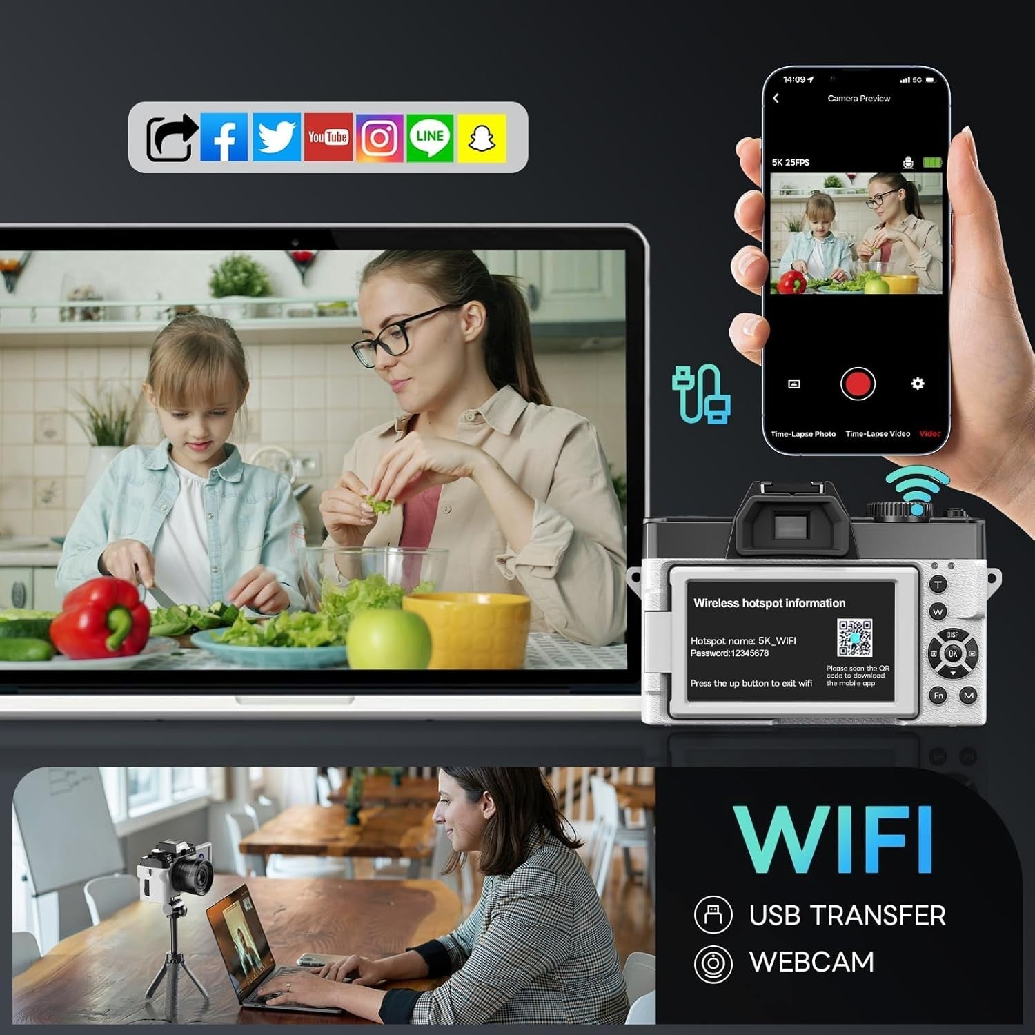 5K 64MP Vlogging Camera WiFi Flip Screen 16X Zoom White Kit