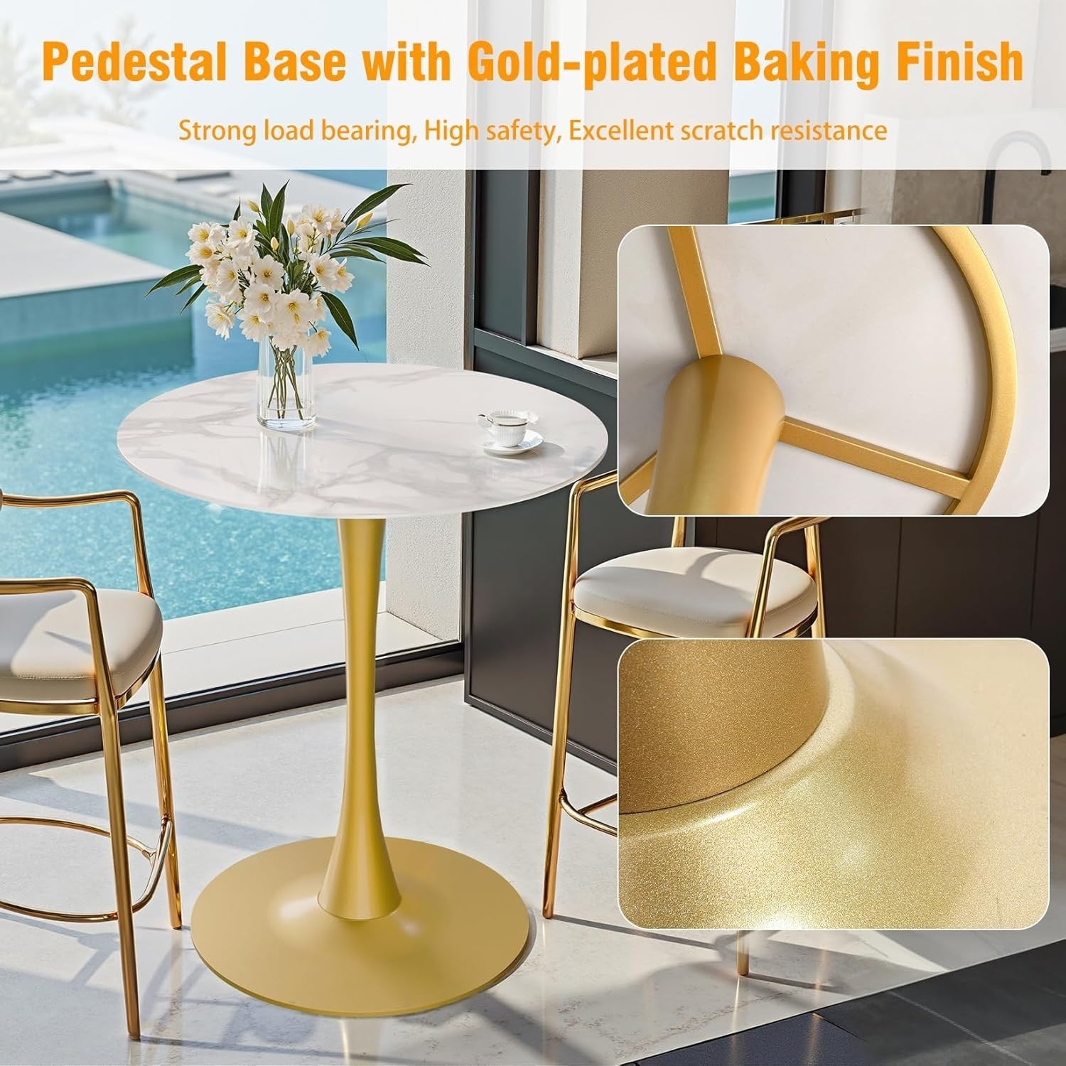 Rich White 76cm Round Bar Table Tall 100cm Sintered Stone Top Gold Metal Base