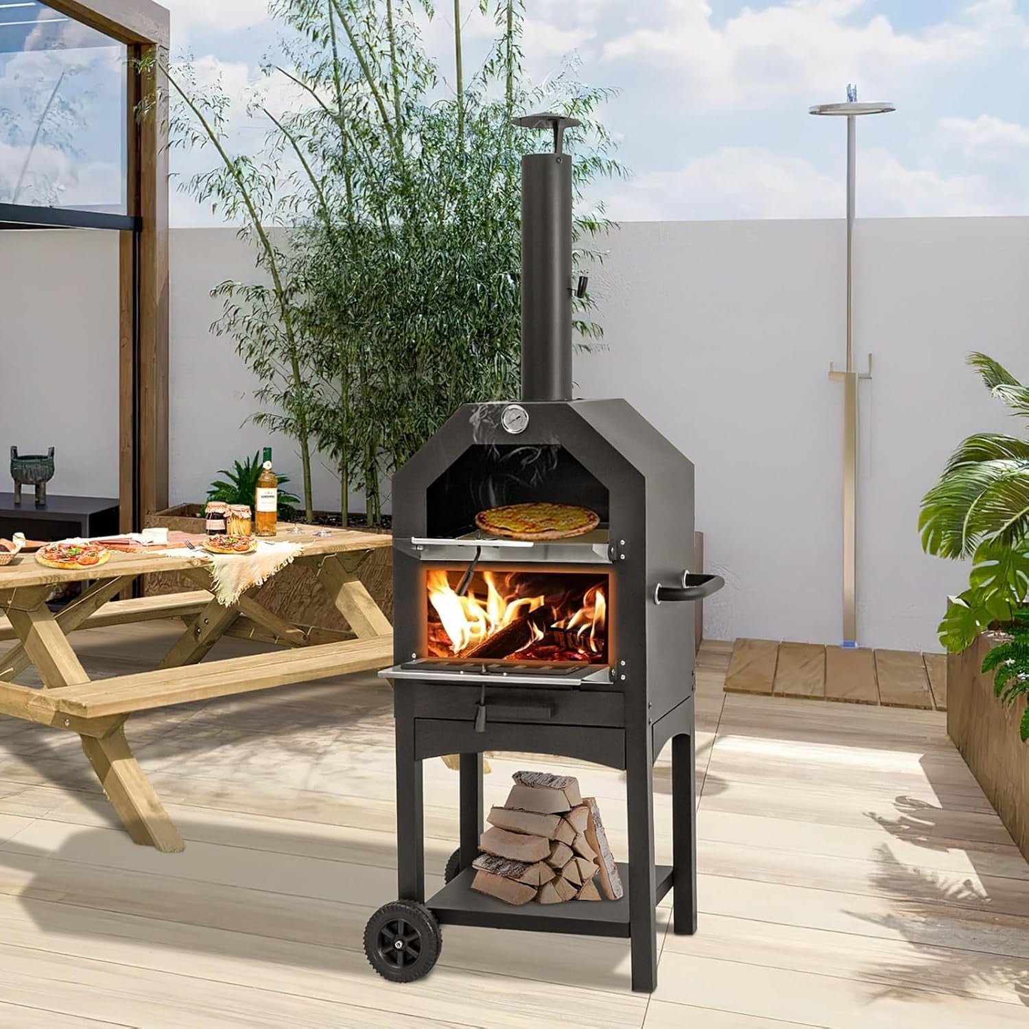 Outdoor Wood Fired Pizza Oven | BBQ Grill with Chimney, Stone & Thermometer