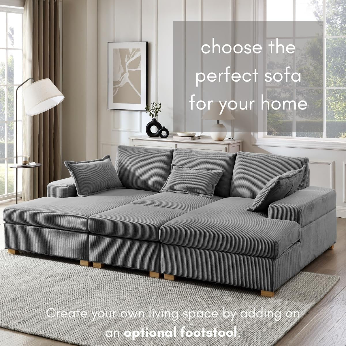U-Shape Jumbo Cord Sofa Dark Grey 4-Seater | Deep Seat + Optional Footstool