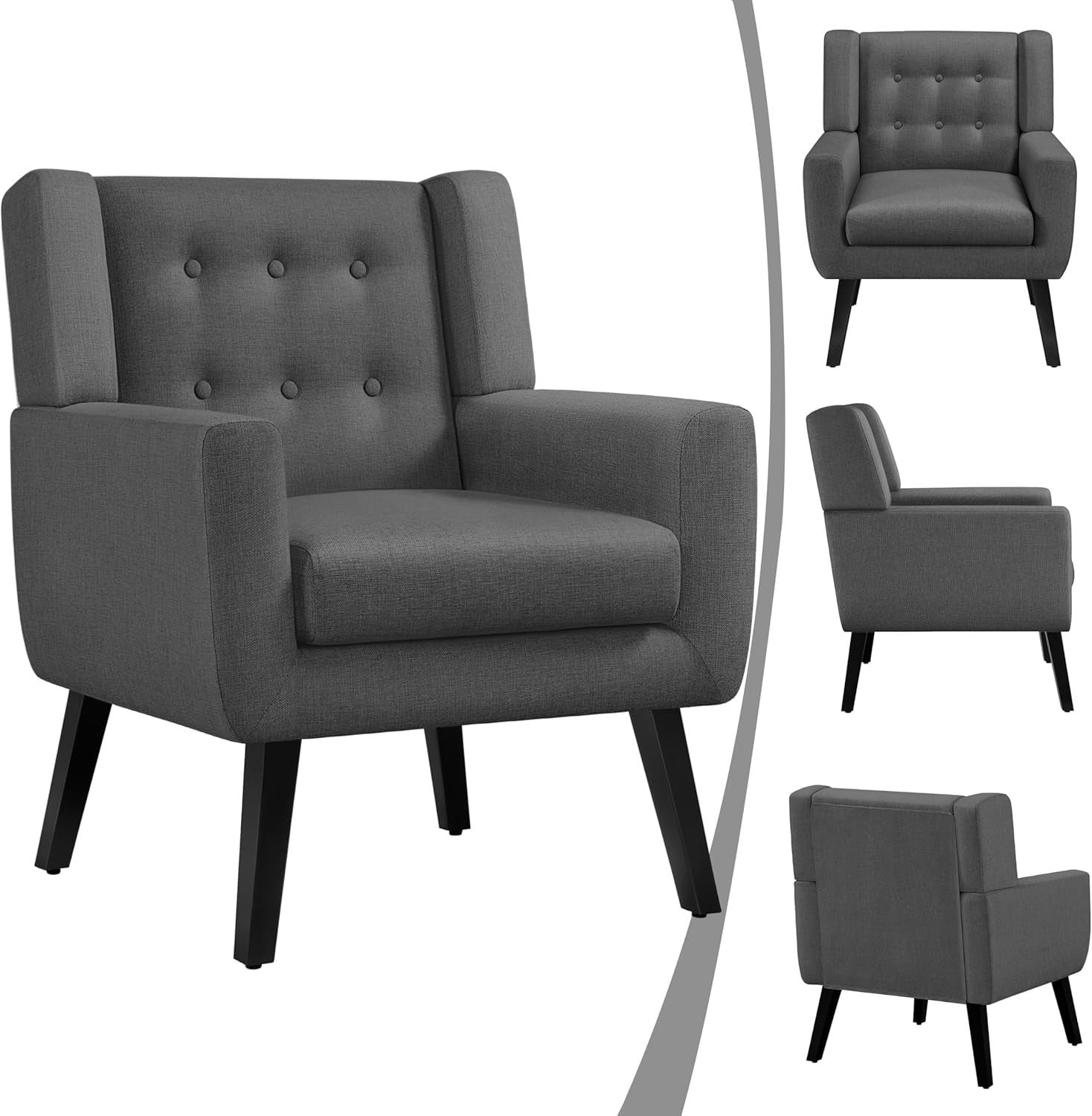Modern Dark Grey Linen Armchair | Button Tufted Tub Chair for Living Room