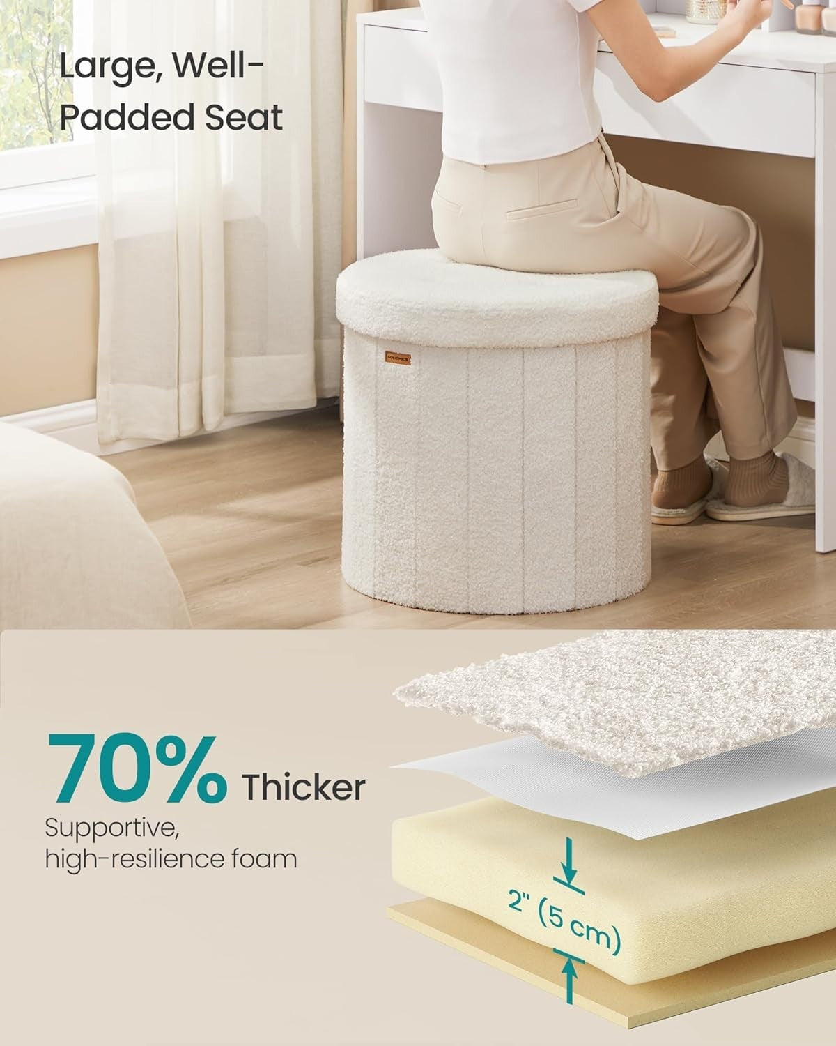 Cream Teddy Fleece Round Storage Ottoman Foldable Footstool Seat 46cm