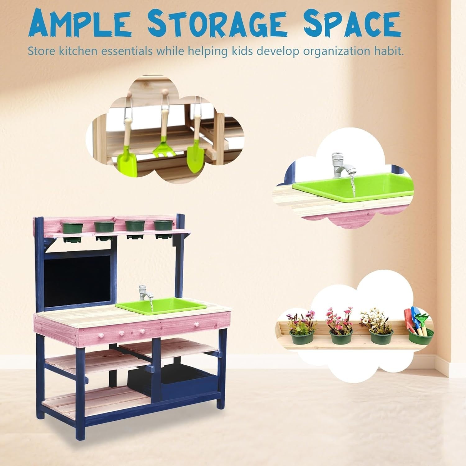 Outdoor Mud Kitchen for Kids Wooden Playset w/ Sink BBQ Pink