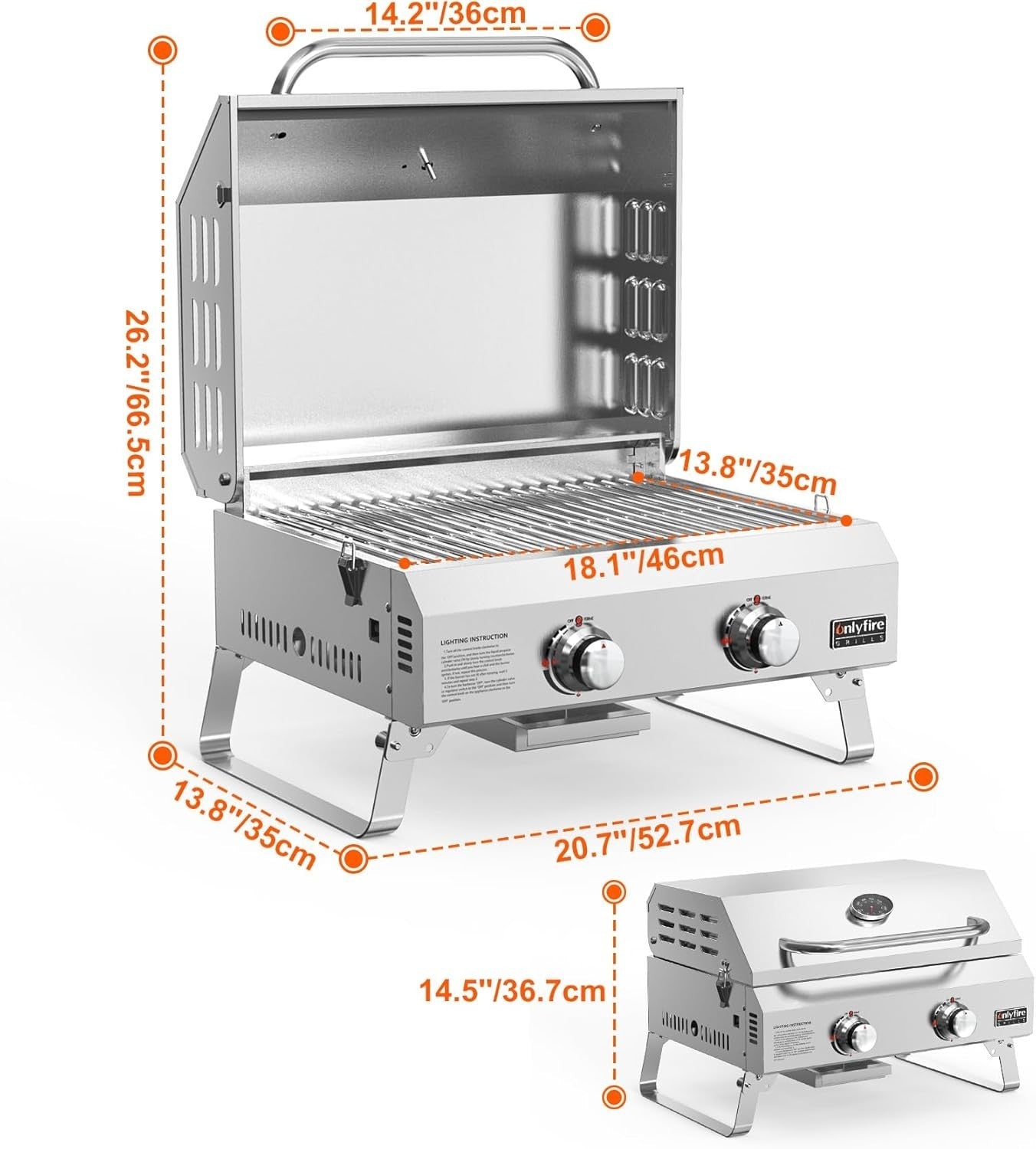 Portable 2 Burner Gas BBQ Grill Tabletop Stainless Steel Outdoor Camping Cooker