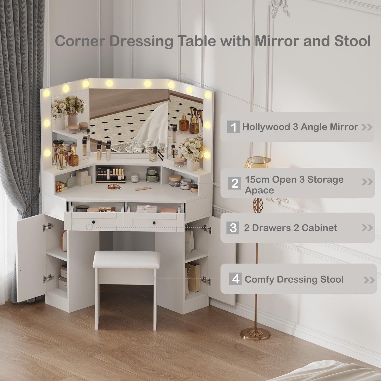 Corner Dressing Table White Makeup Vanity Desk LED Lights 3 Mirror Storage
