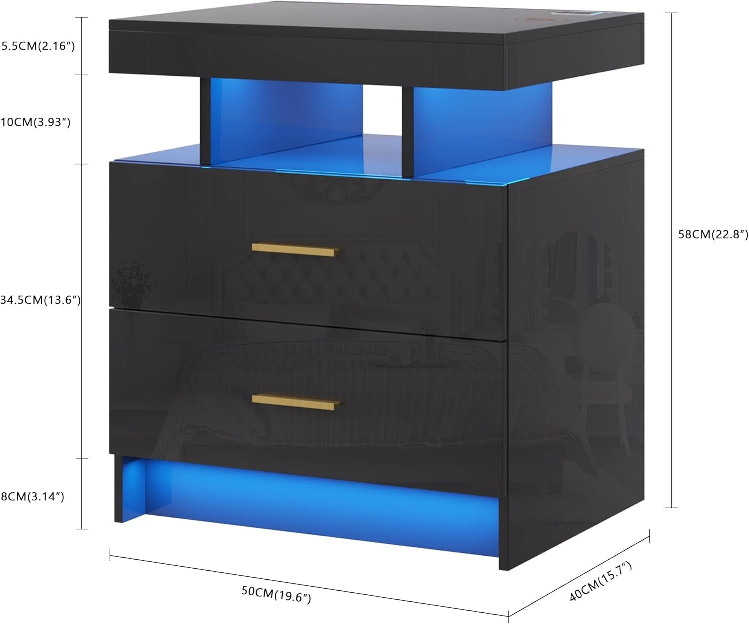 Modern Black LED Bedside Table with Wireless Charging | 2 Drawer Nightstand