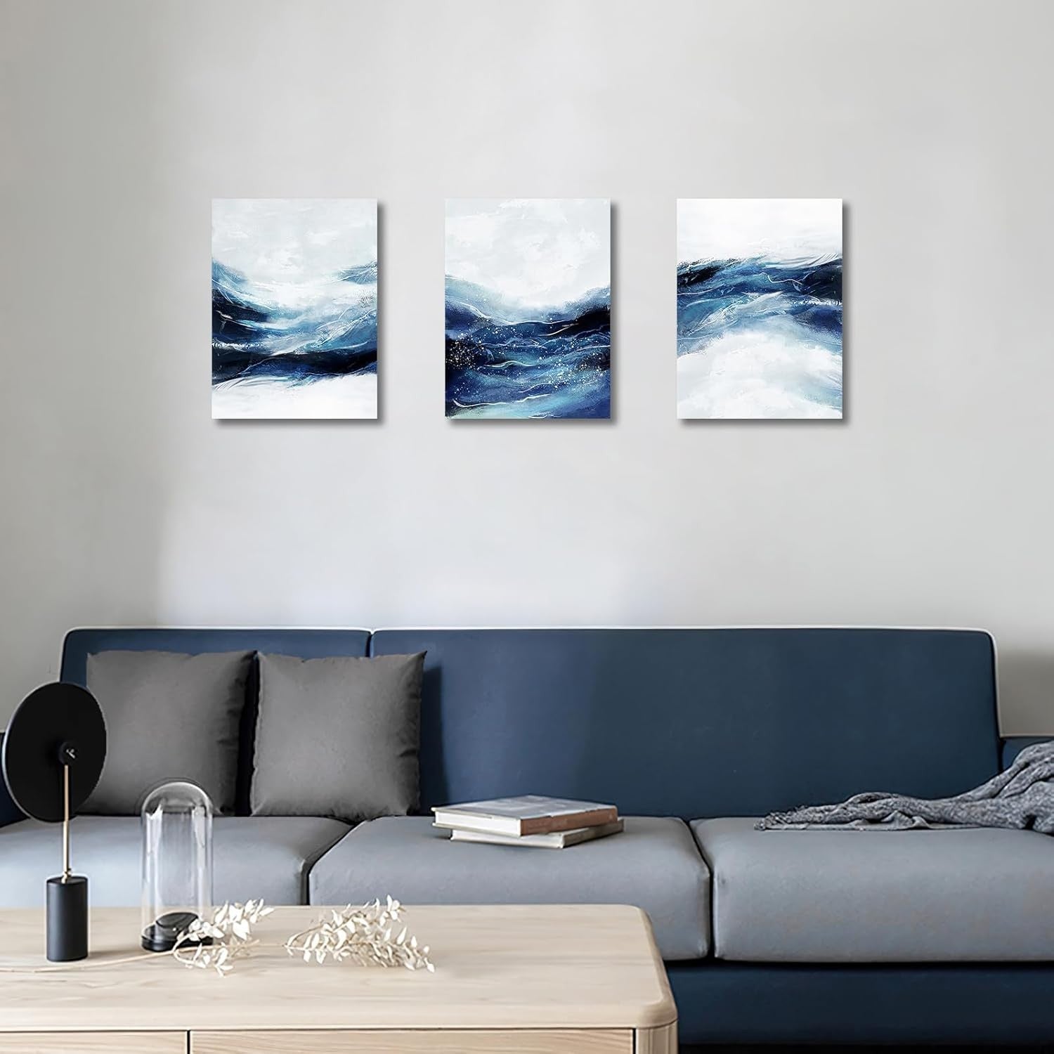 3Pcs Blue Abstract Canvas Wall Art 30x40cm Framed Sea Wave
