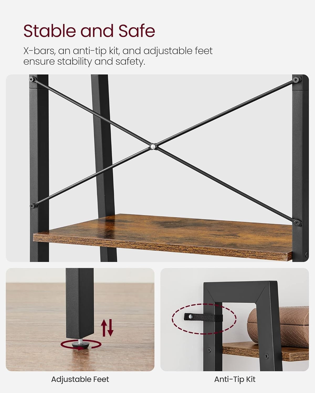 4-Tier Rustic Industrial Ladder Shelf – Brown Wood Display & Storage Unit
