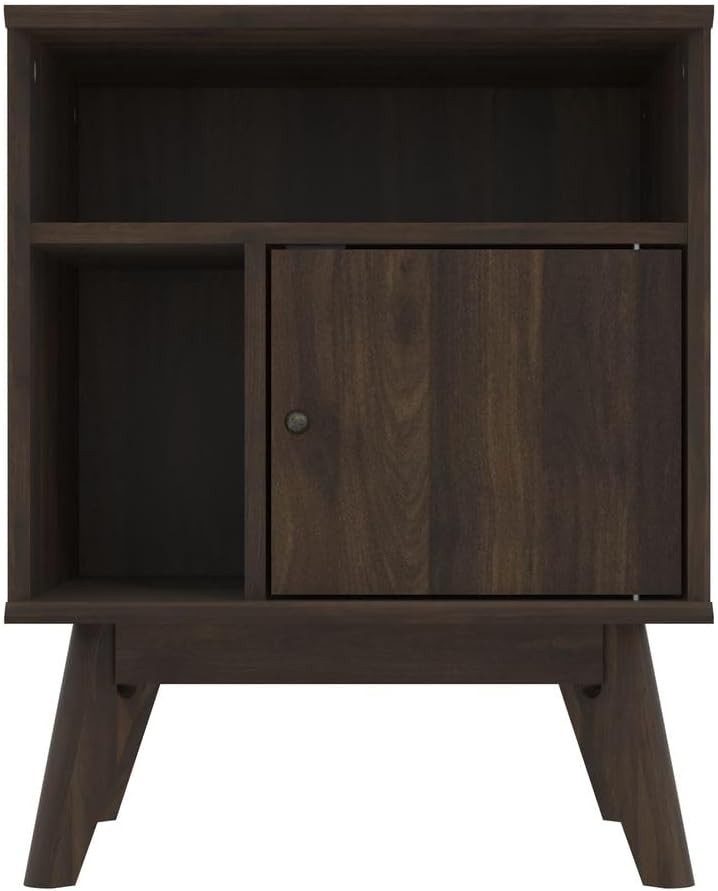 Modern Walnut Bedside Table with Drawer & Open Shelf – Slim Wooden Side Table