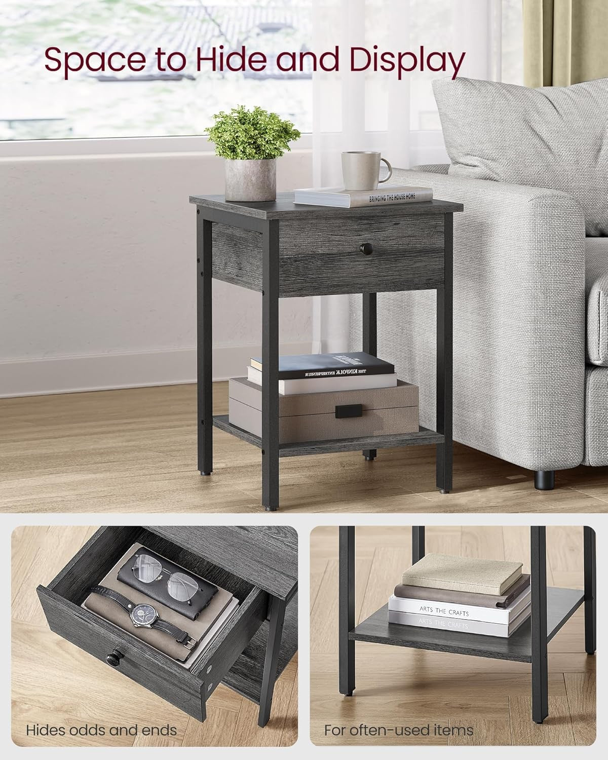 Set of 2 Grey Bedside Tables with Drawer & Shelf, Modern Storage Nightstands